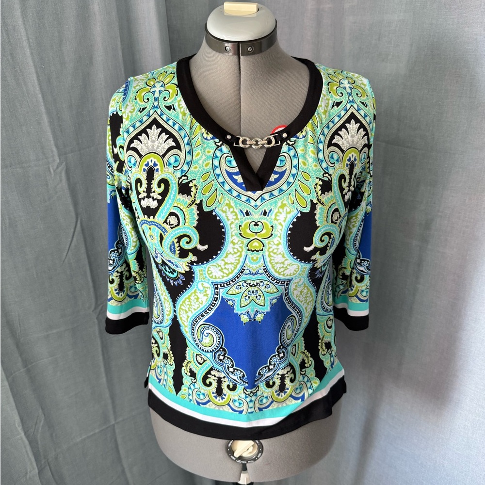 JM Collection Black and Blue Paisley Blouse